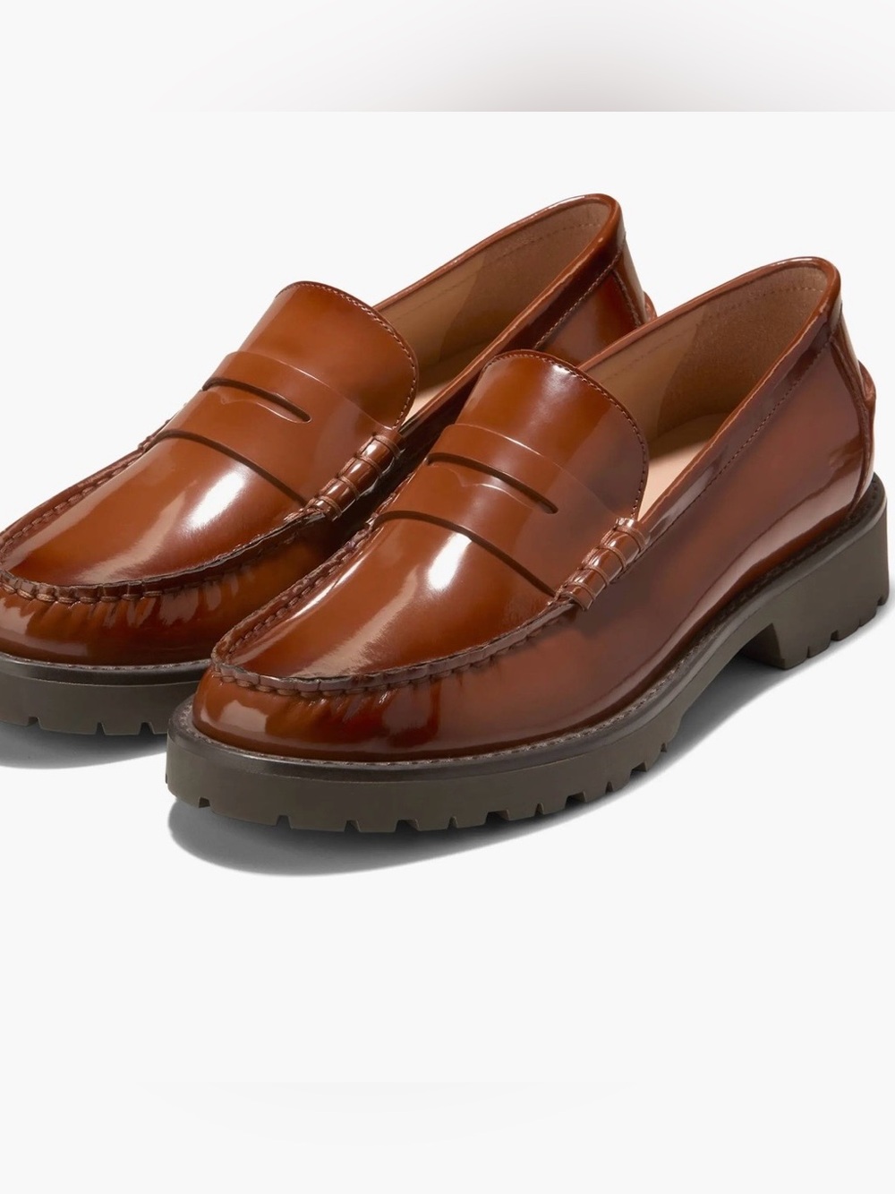 New Cole Haan Treena Lug Leather Penny Loafers in Dark Cuoio Brown Size 6.5